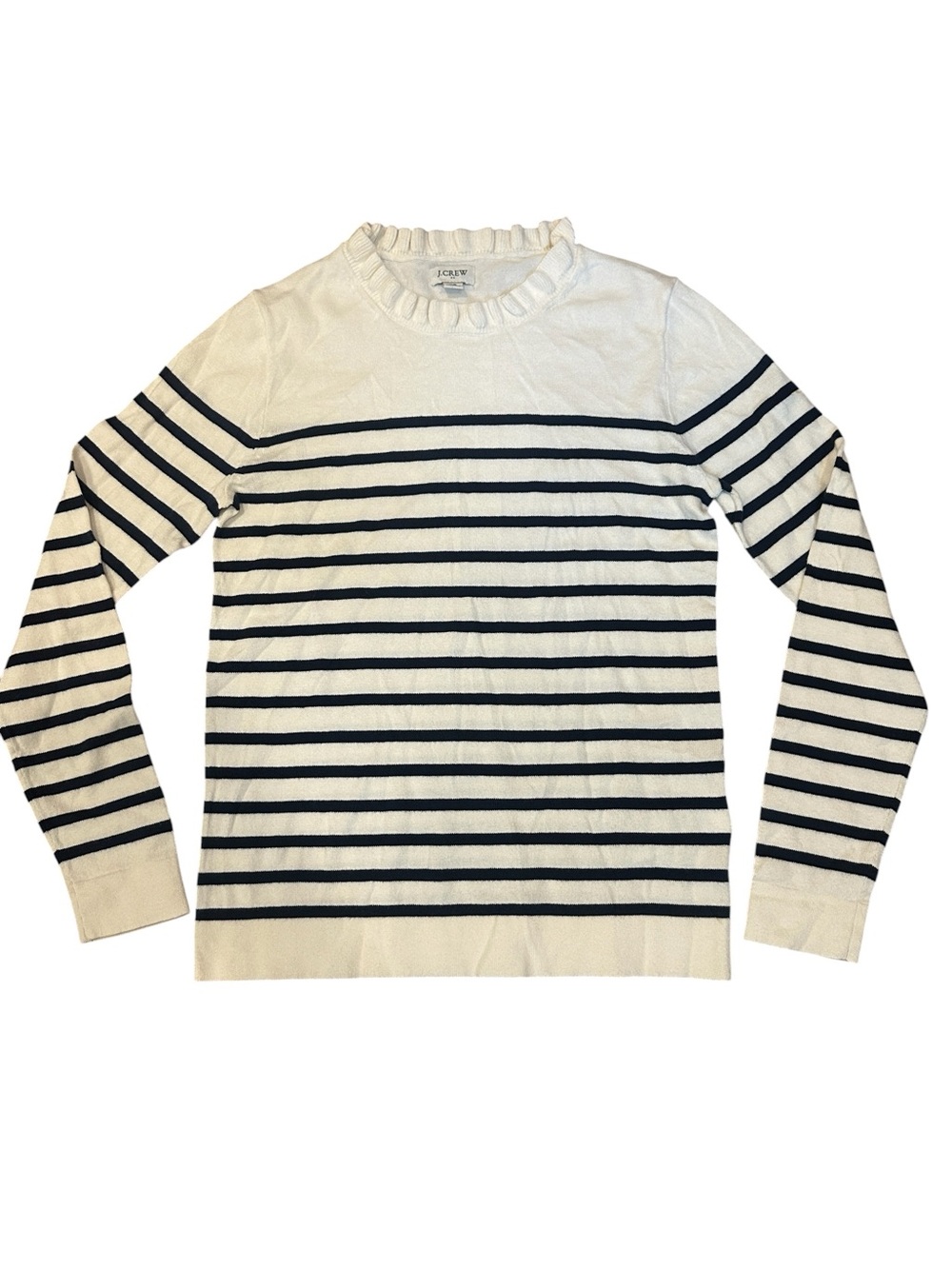 J. Crew Women’s Striped Ruffle Neck Sweater XS Cream/Navy Coastal Preppy Minimal